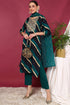 Plus Size Navy Blue Viscose Rayon Leheriya Printed Yoke Design Straight Suit Set
